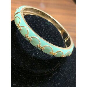 Hinged Bracelet Mint Green with Rhinestones Gold Trim Magnetic Closure